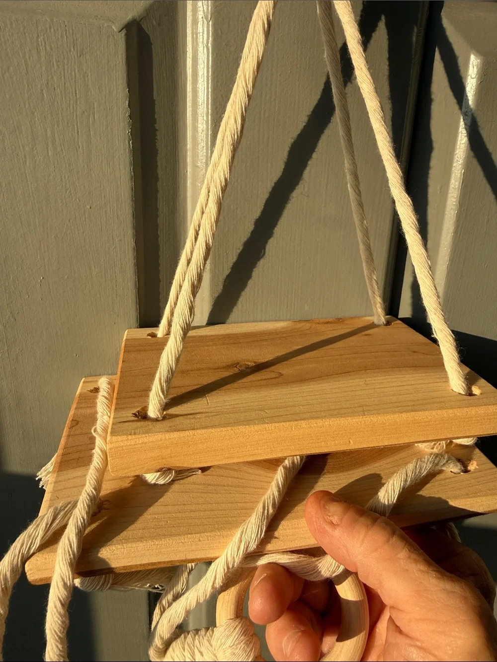 Natural Wood Hanging Wall Shelf with Cream Rope